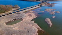 Receding waters expose the lake bed at the Ashokan Reservoir in Ulster County, New York, on Wednesday, Nov. 13, 2024.