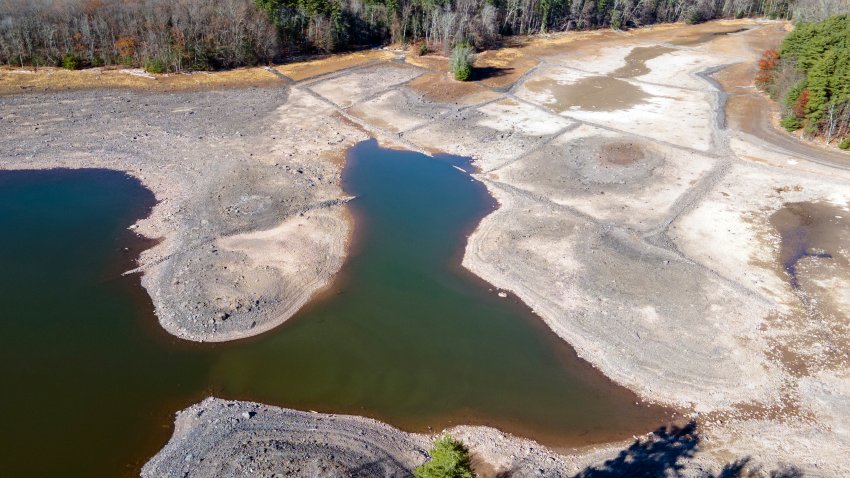 Receding waters expose the lake bed at the Ashokan Reservoir in Ulster County, New York, on Wednesday, Nov. 13, 2024.