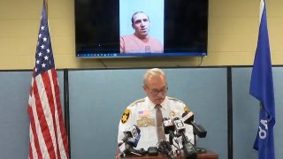 This still image provided by Green Lake County Sheriff’s Office, Sheriff Mark Podoll holds a news conference regarding Ryan Borgwardt, who faked his own drowning this summer on Thursday, Nov. 21, 2024 in Green Lake, Wis.