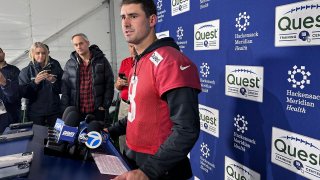 New York Giants NFL football quarterback Daniel Jones speaks to the media Thursday, Nov. 21, 2024, in East Rutherford, N.J.