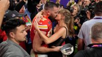 FILE – Kansas City Chiefs tight end Travis Kelce (87) kisses Taylor Swift after the Kansas City Chiefs defeated the San Francisco 49ers  at the Super Bowl on Feb. 11, 2024, in Las Vegas.