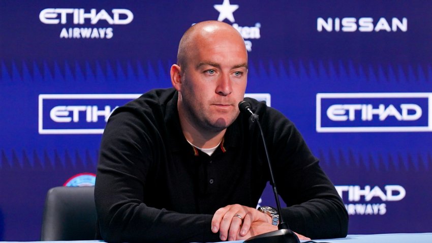 BRONX, NY – JUNE 17: Headcoach of New York City FC Nick Cushing during the press conference after a game between Columbus Crew and New York City FC at Yankee Stadium on June 17, 2023 in Bronx, New York. (Photo by Daniela Porcelli/ISI Photos/Getty Images)