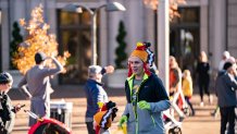 On Thanksgiving Day, November 23, people are dressing up as turkeys and running the 5K Turkey Trot in Washington, D.C. (Photo by Andrew Thomas/NurPhoto via Getty Images)