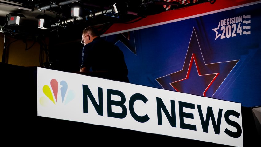 The NBC News at the United Center ahead of the Democratic National Convention (DNC) in Chicago, Illinois, US, on Friday, Aug. 16, 2024. There are about 50,000 people coming to Chicago during convention week, with expectations they will fill its hotels, bars and restaurants.