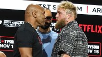 NEW YORK, NEW YORK – AUGUST 18: Mike Tyson and Jake Paul hold a press conference during Fanatics Fest NYC at Javits Center on August 18, 2024 in New York City. (Photo by John Nacion/Getty Images)