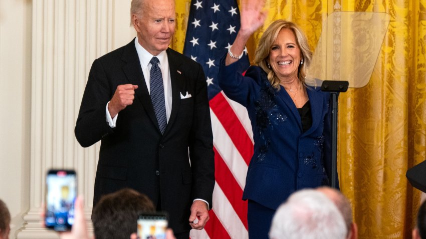 WASHINGTON, DC – OCTOBER 16: U.S. President Joe Biden and First Lady Jill Biden arrive at an Italian American Heritage Month Reception in the East Room of the White House on October 16, 2024 in Washington, DC. The month, first celebrated in 1989, by a special proclamation from both Congress and former President George H. W. Bush, honors the contributions of Italian immigrants and their descendants  over 26 million Americans, representing the fifth-largest ethnic group in the country. (Photo by Kent Nishimura/Getty Images)