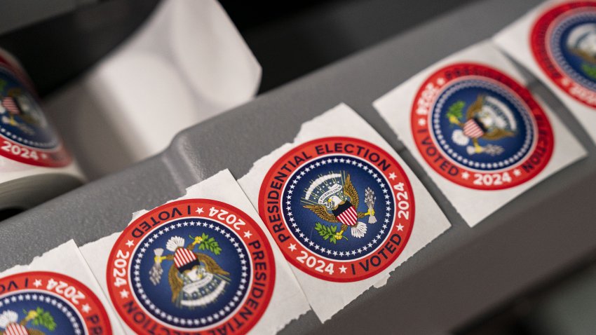 “I Voted” stickers at a polling location at the Thomasville Library during the last day of early voting in Thomasville, North Carolina, US, on Saturday, Nov. 2, 2024. Disinformation is permeating the 2024 US presidential election on an unprecedented scale, with online instigators escalating doubts about the integrity of the electoral process as millions of Americans cast their ballots. Photographer: Al Drago/Bloomberg via Getty Images