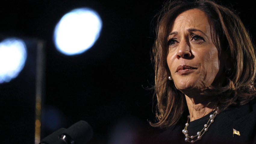 TOPSHOT – US Vice President and Democratic presidential candidate Kamala Harris speaks during a campaign rally at the Carrie Blast Furnaces National Historic Landmark outside Pittsburgh, in Rankin, Pennsylvania on November 4, 2024. (Photo by Rebecca DROKE / AFP) (Photo by REBECCA DROKE/AFP via Getty Images)