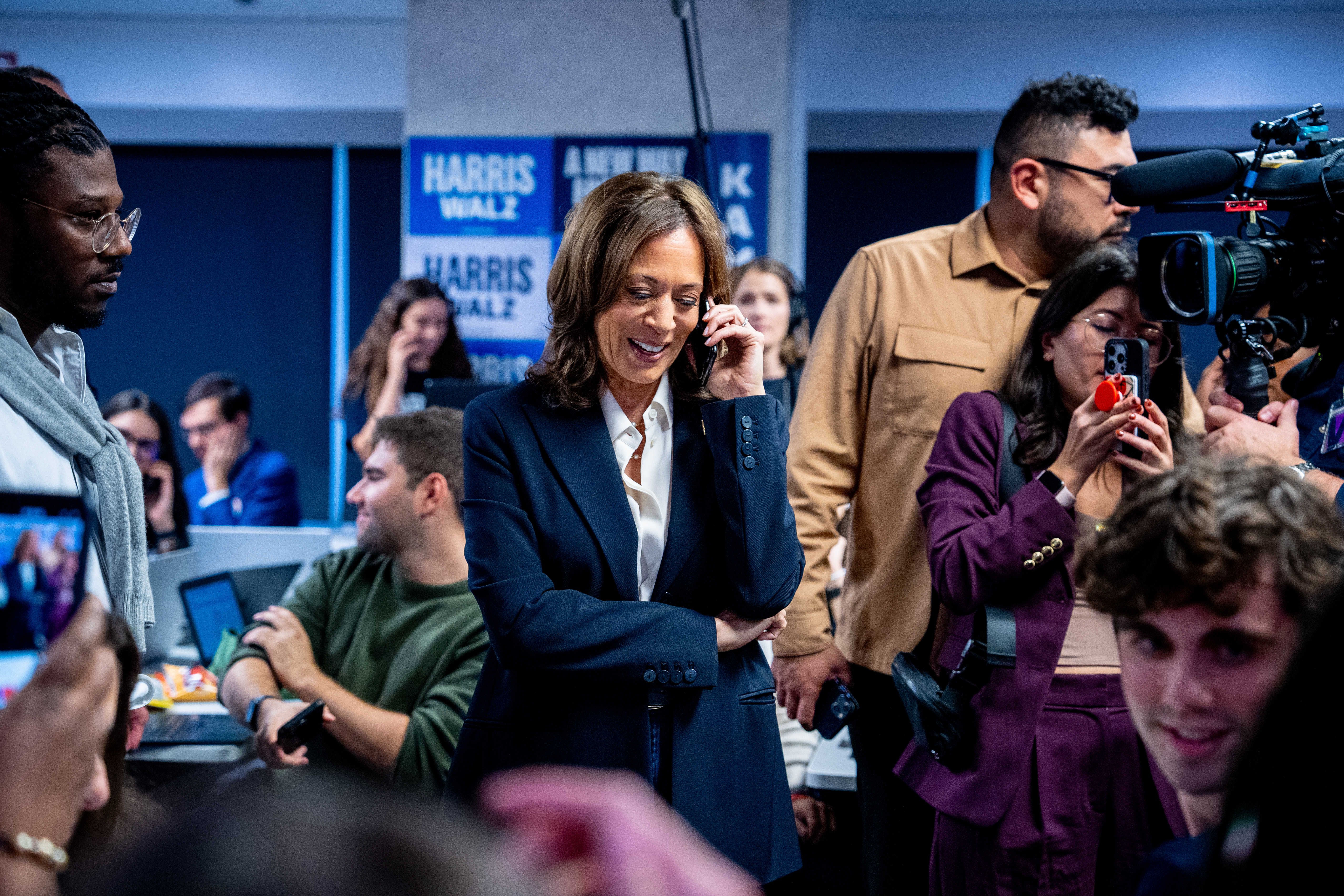 Democratic presidential nominee, U.S. Vice President Kamala Harris drops by a phone bank event at the Democratic National Committee headquarters on Election Day November 05, 2024 in Washington, DC.