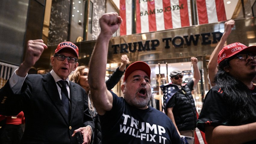 MANHATTAN, NEW YORK – NOVEMBER 5: Trump supporters are gathered at Trump Tower to celebrate 2024 Presidential Elections in Manhattan, New York, United States on November 5, 2024. (Photo by Fatih Aktas/Anadolu via Getty Images)