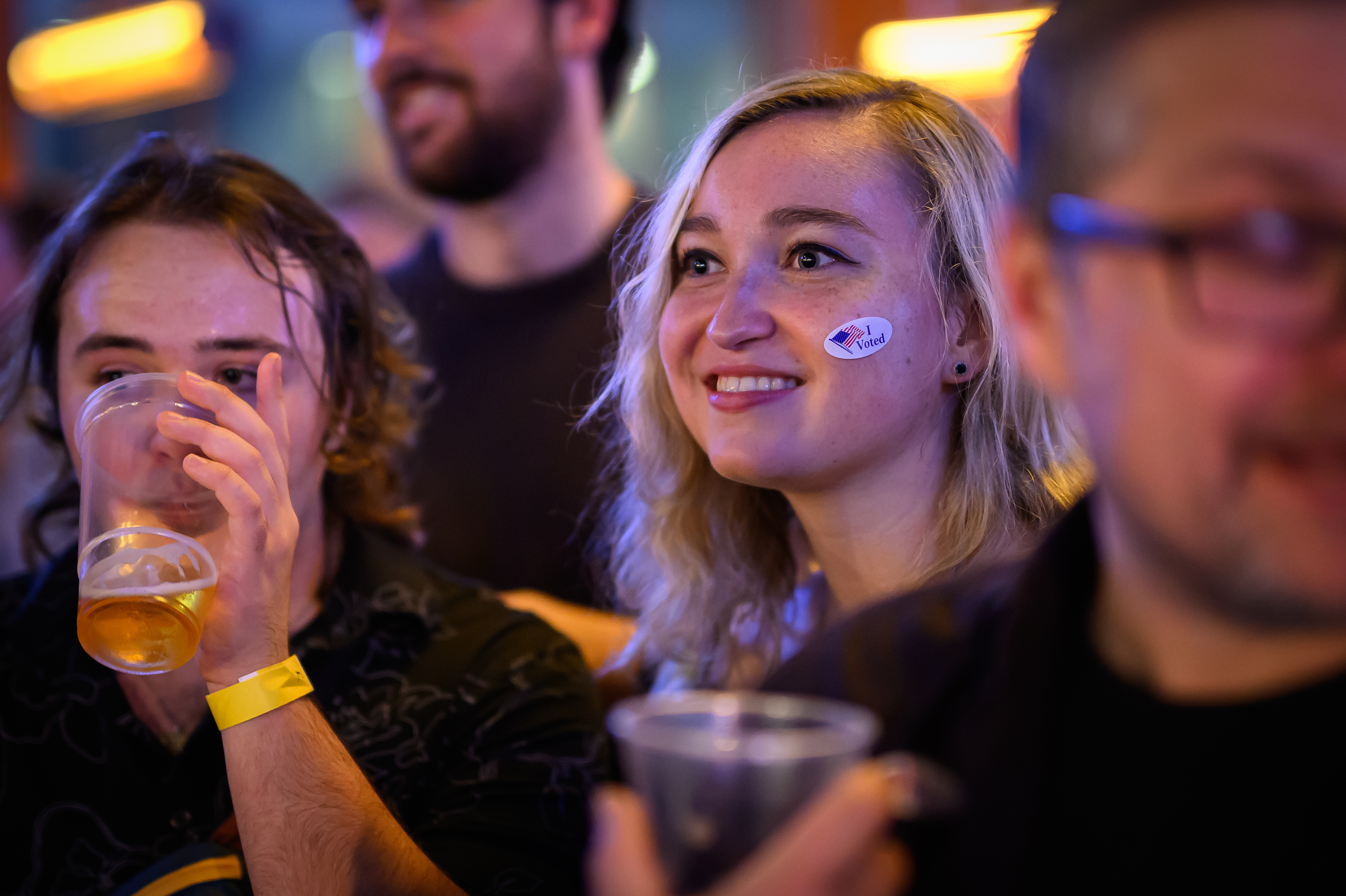 A woman wears an “I Voted” sticker on her face as she attends a “Democrats Abroad” election party on November 05, 2024 in London, England. American voters have gone to the polls today to determine the 47th president of the United States.