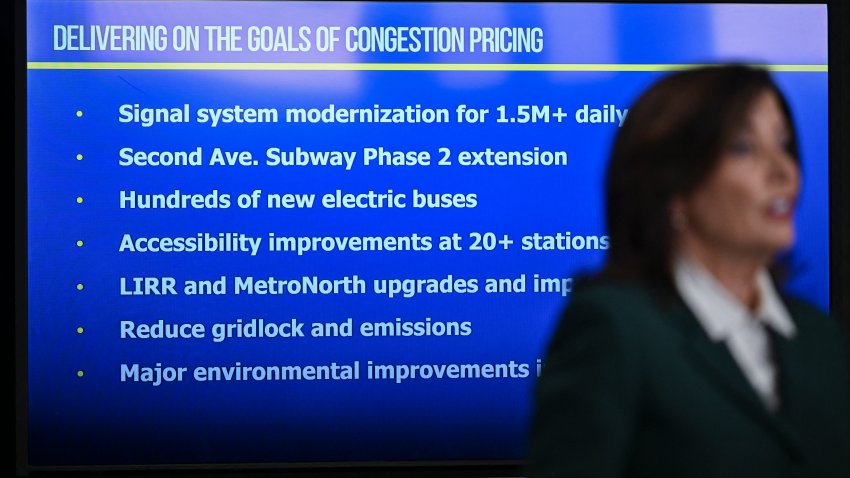 New York Governor Kathy Hochul speaks during a press conference regarding congestion pricing in New York City on November 14, 2024. New York said Thursday it will revive a controversial scheme to charge drivers entering parts of the city, a first in the United States, putting local authorities on a collision course with President-elect Donald Trump.