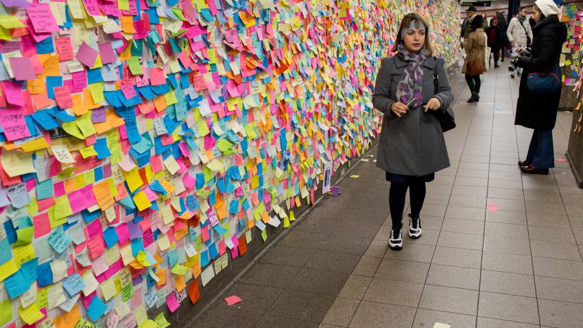 NEW YORK, NY – NOVEMBER 22: New Yorkers shocked and angered by the unexpected election of Donald Trump as President leave messages on colored note paper on the wall of the Union Square subway station in Manhattan on November 22, 2016. The message board of post-its is an art project titled “Subway Therapy” by the artist Matthew Chavez.