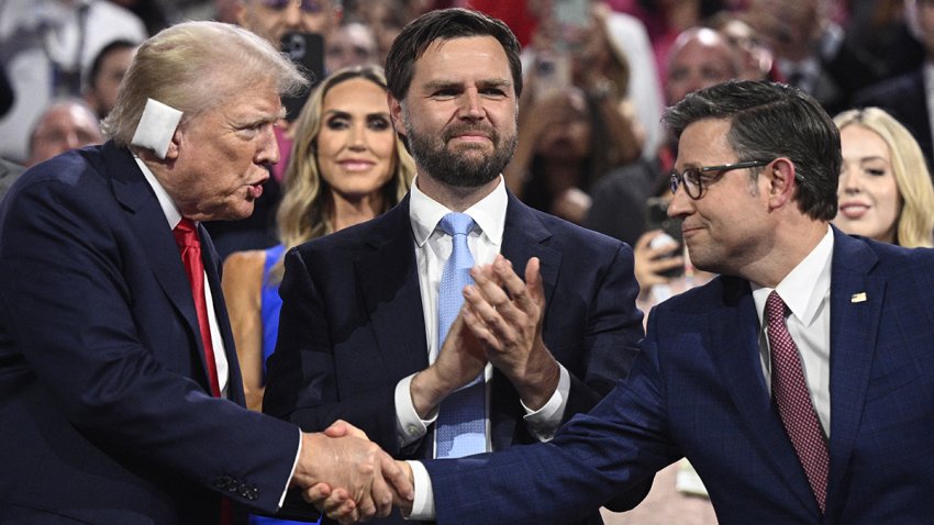 Donald Trump and his running mate JD Vance, R-Ohio, with Speaker Mike Johnson, R-La., at the Republican National Convention.