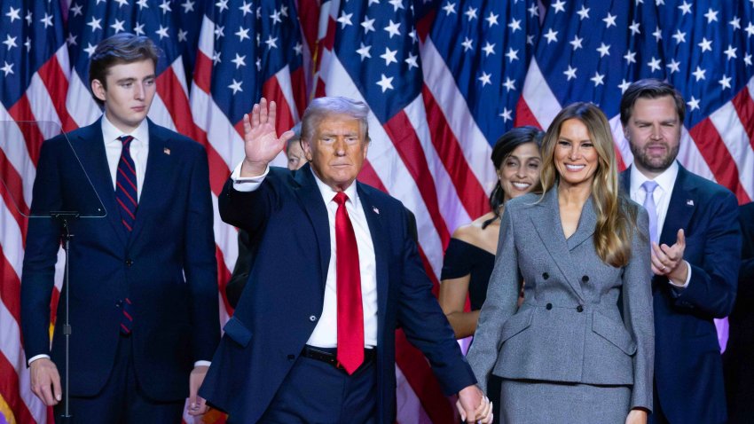 Surrounded by family members and supporters, Donald Trump makes his acceptance speech at his Election Night Watch Party at the Palm Beach County Convention Center after being elected the 47th President of the United States November 5, 2024.