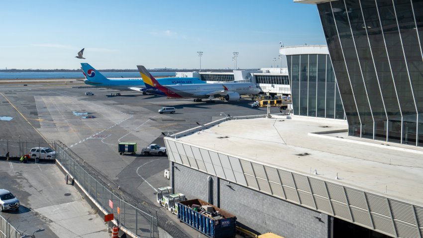 Construction site of the New Terminal One stands directly next to a working terminal at John F. Kennedy International Airport in New York City on Monday, Nov. 25, 2024. New Terminal One is being built as part of JFK’s $19 billion redevelopment plan.