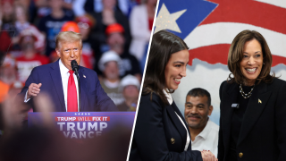 Former President Donald Trump speaks at PPG Paints Arena in Pittsburgh, Pennsylvania, on Nov. 4, 2024; Vice President Kamala Harris and Rep. Alexandria Ocasio-Cortez make a stop at Old San Juan Cafe in Reading, Pennsylvania, on Nov. 4, 2024. 