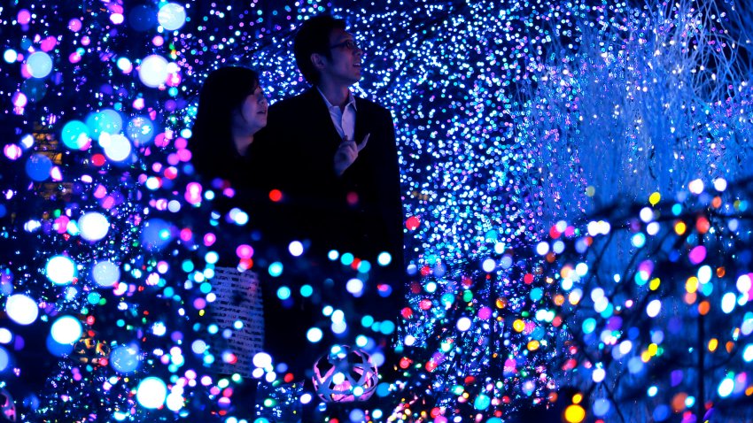 Couple looks at light-emitting diode illuminations ahead of Christmas in Tokyo, Japan