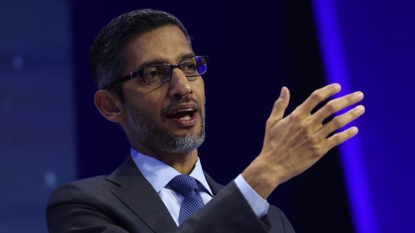 Google CEO Sundar Pichai speaks in conversation with Emily Chang during the APEC CEO Summit at Moscone West on November 16, 2023 in San Francisco, California. The APEC summit is being held in San Francisco and runs through November 17. 