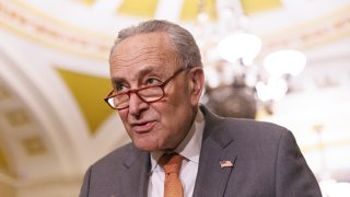 Senate Majority Leader Chuck Schumer (D-NY) is speaking with the press outside the Senate Chamber during the weekly Senate luncheon press conferences in Washington DC, on March 6, 2024. 