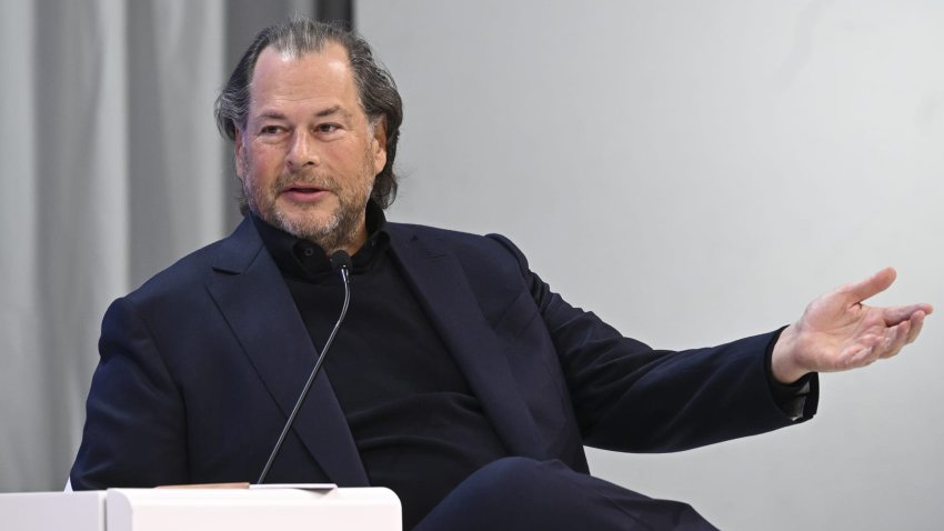 Marc Benioff, chief executive officer of Salesforce speaks during the World Economic Forum (WEF) in Davos, Switzerland on January 18, 2024. 