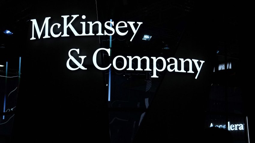 This photograph shows a logo of American multinational corporation McKinsey & Company on the first day of the Mobile World Congress (MWC), the telecom industry’s biggest annual gathering, in Barcelona on February 26, 2024. 