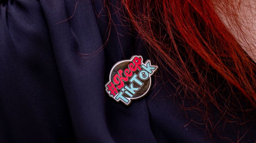 A button that reads “#KeepTikTok” on a TikTok supporter’s dress outside the E. Barrett Prettyman U.S. Court House as the U.S. Court of Appeals hears oral arguments in the case TikTok Inc. v. Merrick Garland on September 16, 2024 in Washington, DC.