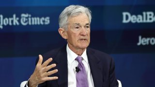  Federal Reserve Chairman Jerome Powell speaks during the New York Times annual DealBook summit at Jazz at Lincoln Center on December 04, 2024 in New York City. 