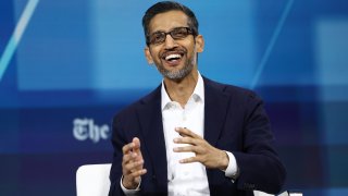 Sundar Pichai, C.E.O. of Google and Alphabet, speaks during the New York Times annual DealBook summit at Jazz at Lincoln Center on December 04, 2024 in New York City. 