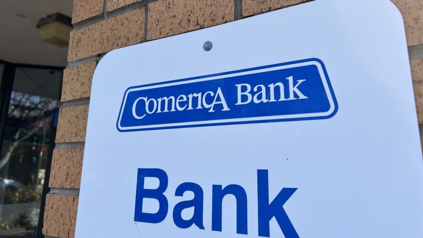 Comerica Bank building facade with blue signage and brick exterior, Walnut Creek, California, March 30, 2023. 