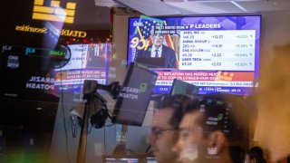 A television station on the floor of the New York Stock Exchange (NYSE) in New York, U.S., broadcasts U.S. Federal Reserve Chair Jerome Powell, on Wednesday, Dec. 18, 2024.