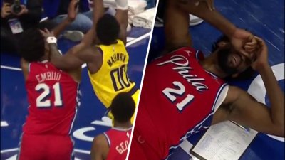 Joel Embiid leaves Pacers game after getting hit in the face