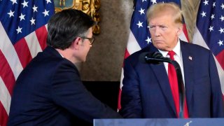 Republican presidential candidate former President Donald Trump, right, and Speaker of the House Mike Johnson, R-La., appear during a news conference, Friday, April 12, 2024, at Mar-a-Lago in Palm Beach, Fla.