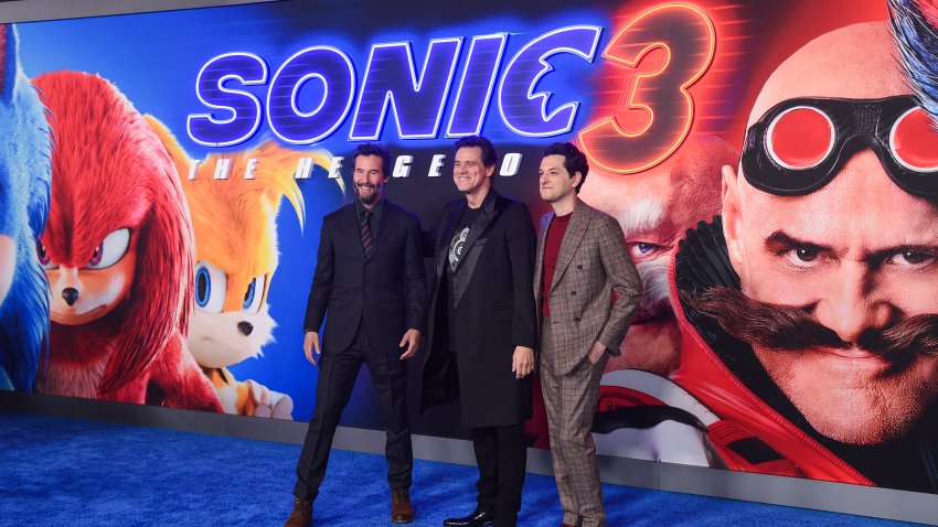 Keanu Reeves, from left, Jim Carrey, and Ben Shwartz arrive at the premiere of “Sonic The Hedgehog 3” on Monday, Dec. 16, 2024, at TCL Chinese Theatre in Los Angeles.