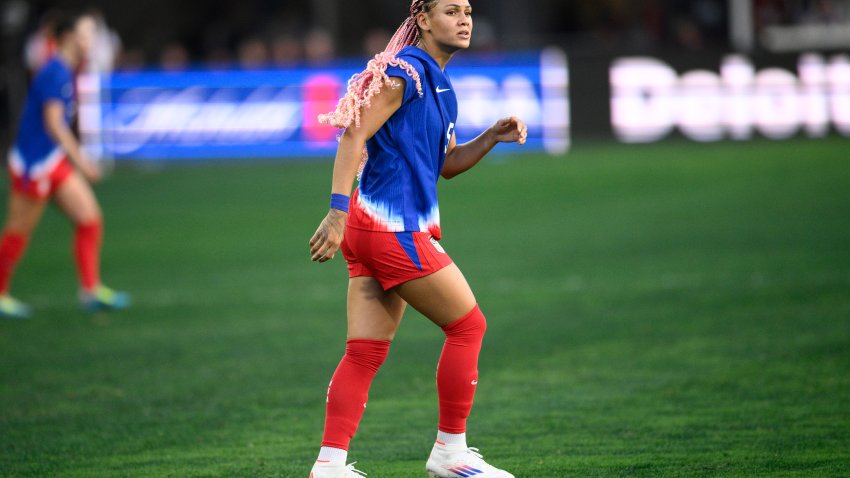 FILE – United States forward Trinity Rodman plays in the first half of an international friendly soccer match against Costa Rica, in Washington, July 16, 2024. (AP Photo/Nick Wass, File)