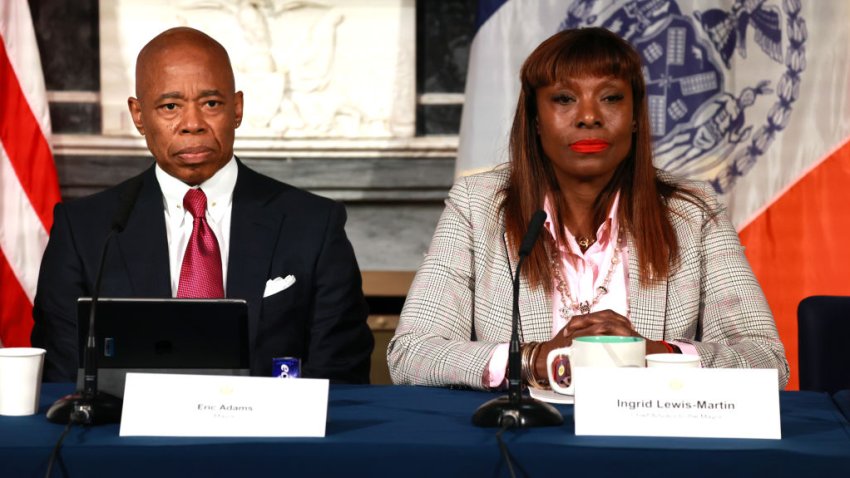 UNITED STATES -November 28: Mayor Eric Adams sits next to chief advisor Ingrid Lewis-Martin during his week off topic press conference at City Hall Blue Room, Tuesday November 28, 2023. During the press conference Adams discussed recent budget cuts, the migrants crisis and recent raids by the FBI to persons connected to his mayoral campaign and a sexual assault allegations.   (Photo by Luiz C. Ribeiro for NY Daily News via Getty Images)