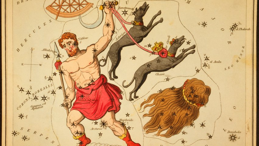 This 1825 etching provided by the Library of Congress shows an astronomical chart depicting Bootes the Ploughman holding a spear, a sickle, and two dogs, Asterion and Chara, on leashes, a quadrant, and the hair of Berenice forming the constellations.