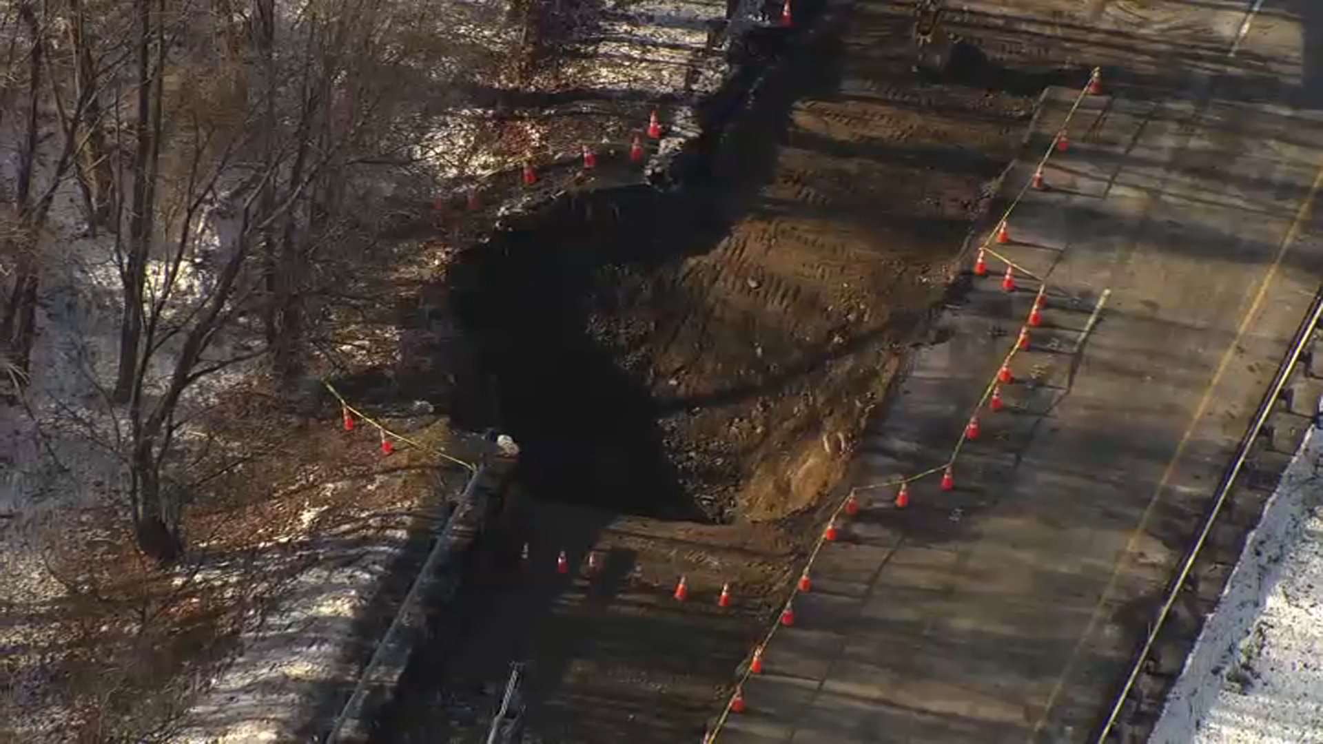 Massive sinkhole on NJ interstate brought on by collapse of deserted mineshaft: NJDOT Massive sinkhole on NJ interstate brought on by collapse of deserted mineshaft: NJDOT