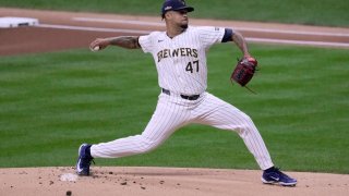 Milwaukee Brewers pitcher Frankie Montas (47) throws during the first inning of their wild-card playoff game against the New York Mets Wednesday, October 2, 2024 at American Family Field in Milwaukee, Wisconsin.