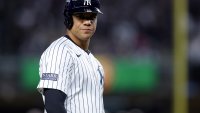 Oct 29, 2024; New York, New York, USA; New York Yankees outfielder Juan Soto (22) on third base during the first inning in game four of the 2024 MLB World Series against the Los Angeles Dodgers at Yankee Stadium. Mandatory Credit: Brad Penner-Imagn Images