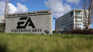 A sign is posted in front of the Electronic Arts headquarters in Redwood City, California, on March 30, 2023.