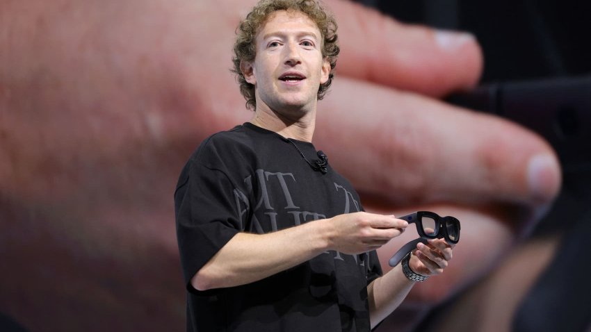 Meta CEO Mark Zuckerberg tries on Orion AR glasses at the Meta Connect annual event at the company’s headquarters in Menlo Park, California, on Sept. 25, 2024.