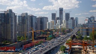 Bustling city, Dongsanhuan Ring Road, CBD, Beijing, China.