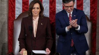 U.S. Vice President Kamala Harris reacts as she uses the gavel next to Speaker of the House Mike Johnson (R-LA) during a joint session of Congress to certify Donald Trump’s election, at the U.S. Capitol in Washington, U.S. January 6, 2025. R