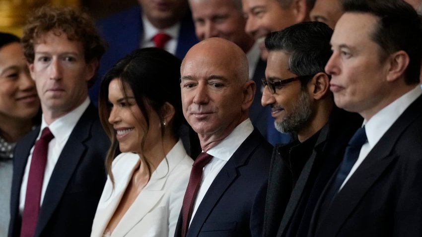 Guests including Mark Zuckerberg, Lauren Sanchez, Jeff Bezos, Sundar Pichai and Elon Musk attend the Inauguration of Donald J. Trump in the U.S. Capitol Rotunda on January 20, 2025 in Washington, DC. Donald Trump takes office for his second term as the 47th president of the United States. 