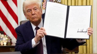 U.S. President Donald Trump holds a signed executive order on cryptocurrencies, in the Oval Office of the White House, in Washington, U.S., January 23, 2025. 