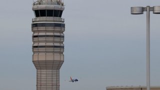 The air traffic control at Ronald Reagan Washington National Airport is pictured, in the aftermath of the collision of American Eagle flight 5342 and a Black Hawk helicopter that crashed into the Potomac River, as seen from Virginia on Jan. 30, 2025.