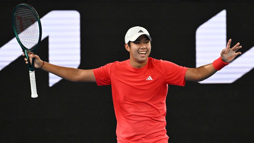 USA’s Learner Tien celebrates victory against Russia’s Daniil Medvedev during their men’s singles match on day five of the Australian Open tennis tournament in Melbourne on Jan. 17, 2025.