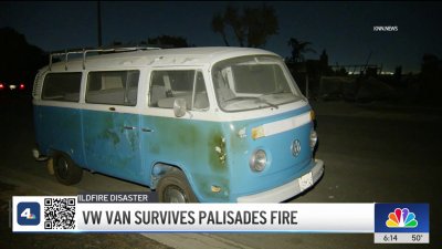 Close-up look at the bright blue VW van that made through fire in Malibu