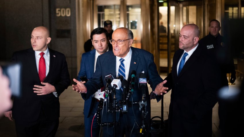 Rudy Giuliani speaks to the media outside of Manhattan federal court in New York, on Friday, Jan. 3, 2025. (AP Photo/Adam Gray)